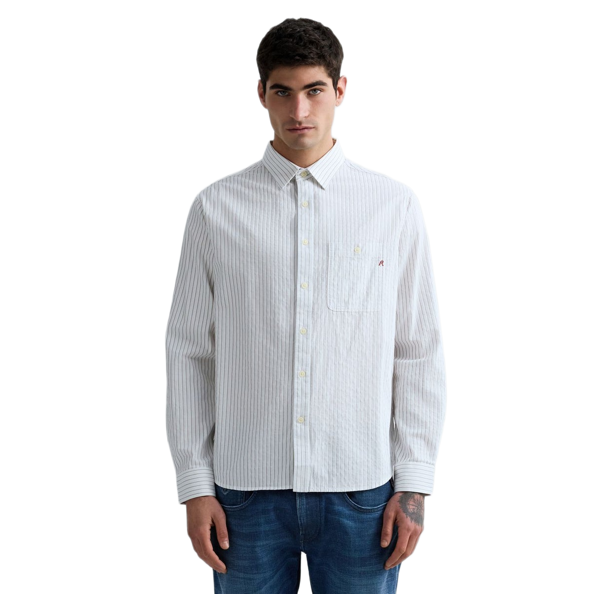CAMICIA Y/D STRIPED COTTON DOBBY WHITE/LIGHT BROWN